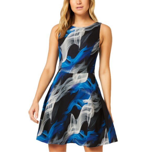 Aqua | Abstract Blue Smoke Swirl Sleeveless Scuba Skater Dress | Size Medium - Picture 1 of 10